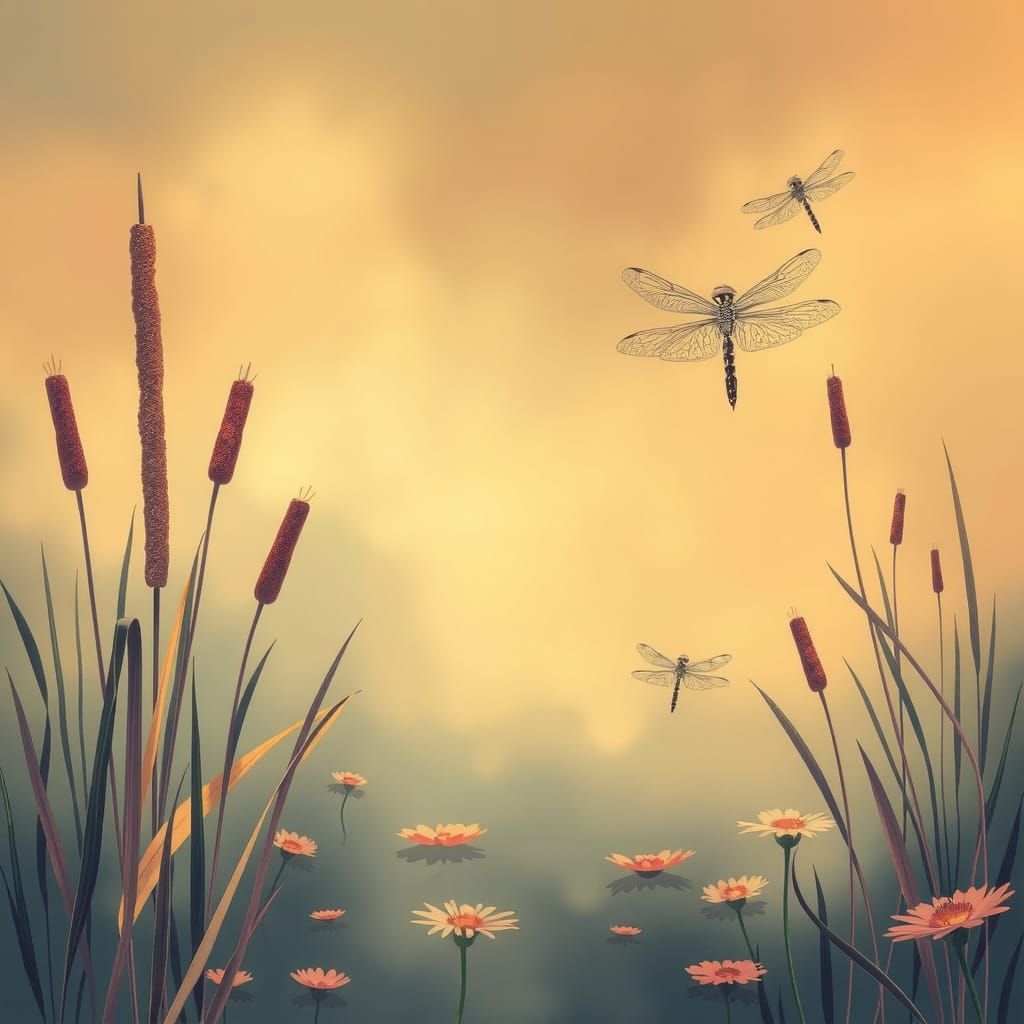 Lush Pond with Dragonflies in Nebulous Line Art