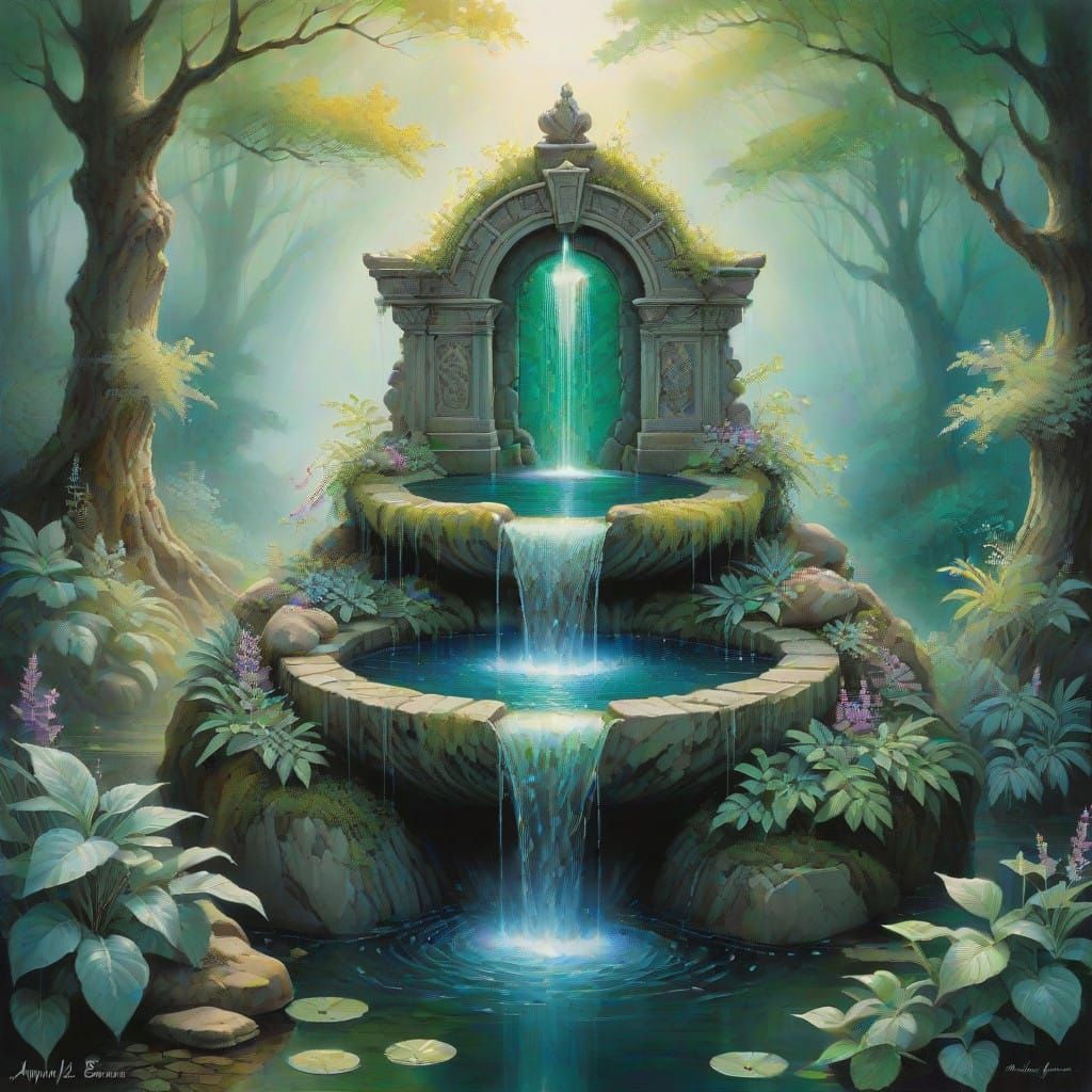 Ethereal Forest Fountain Radiates Iridescent Light