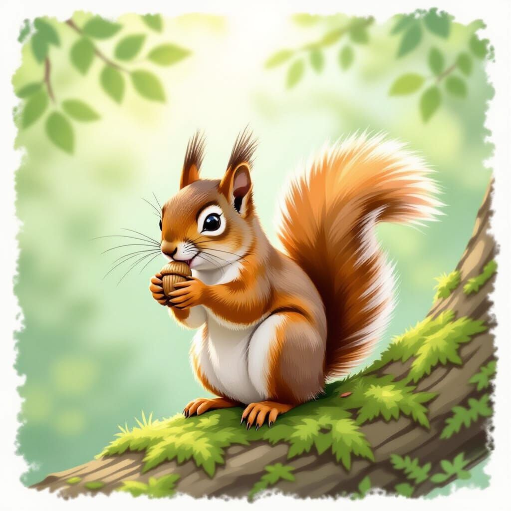 Squirrel with Acorn on Branch in Pastel Chalk Style