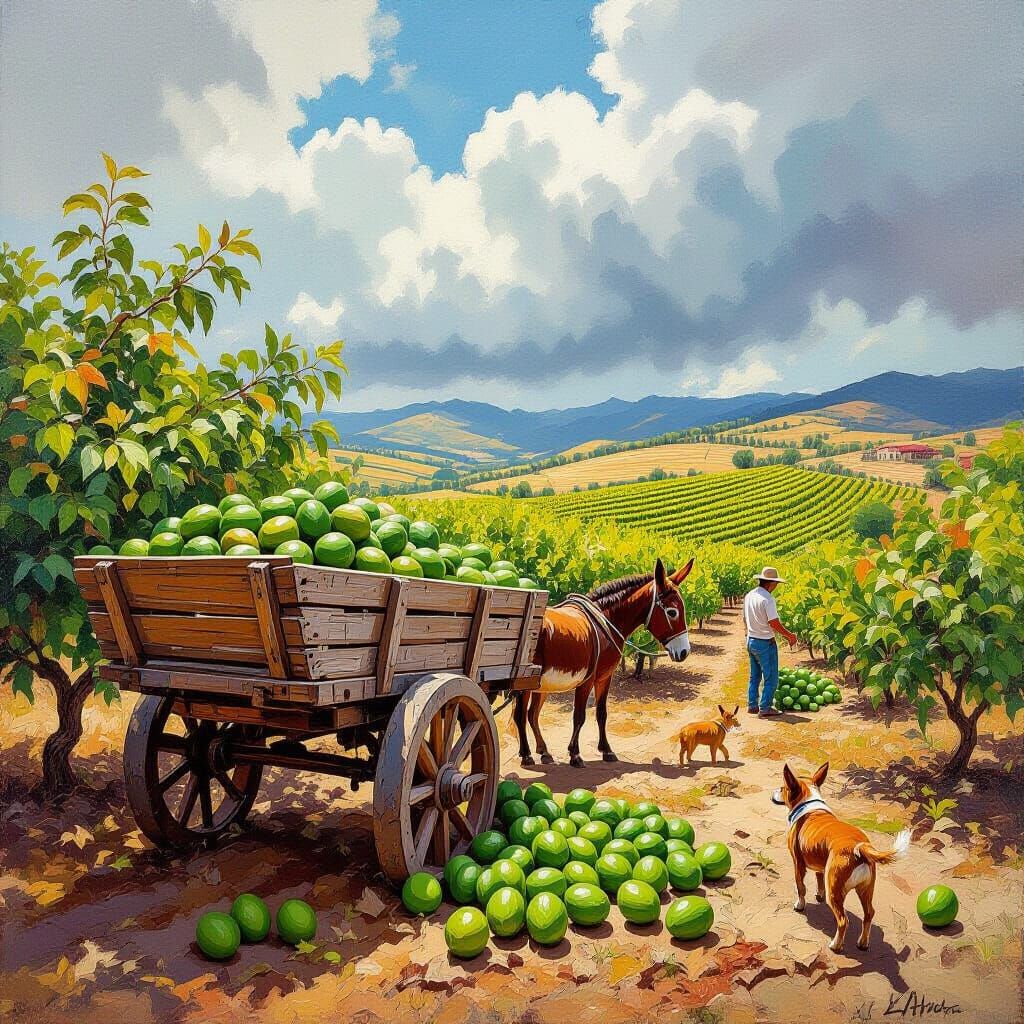 Avocado Harvest in Mexican Field: Impasto Painting