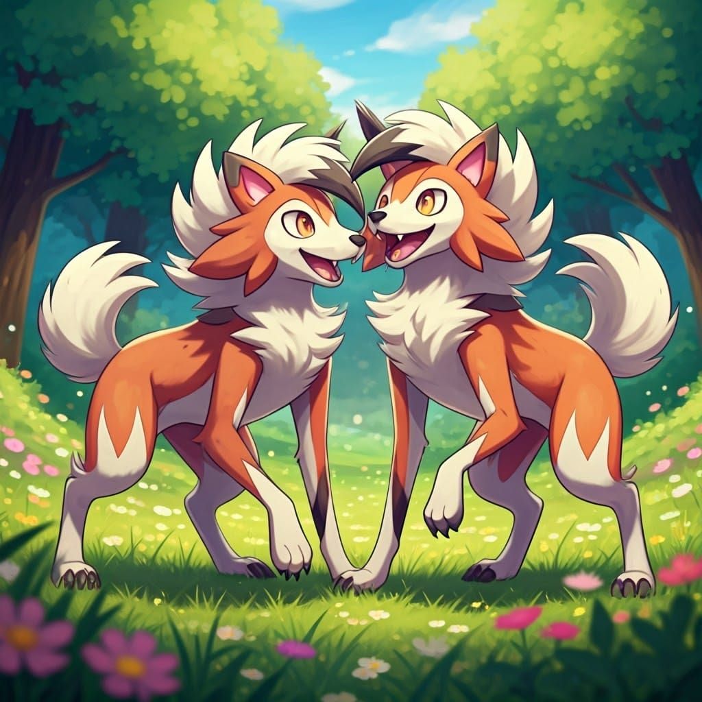 Energetic Lycanroc Pokémon Play in Vibrant Anime-Inspired Me...