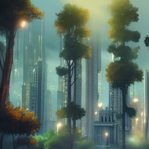 Hyperdetailed City in Trees with Volumetric Lighting