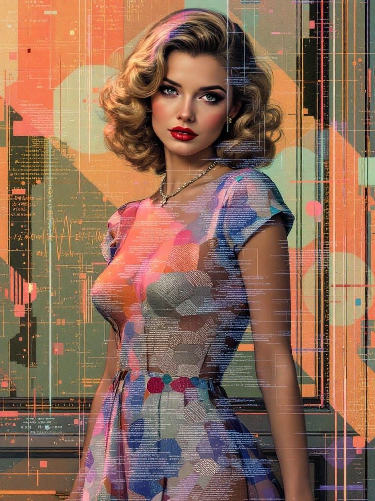 Glitch Photo of Blond Pin-Up in Art Nouveau Style