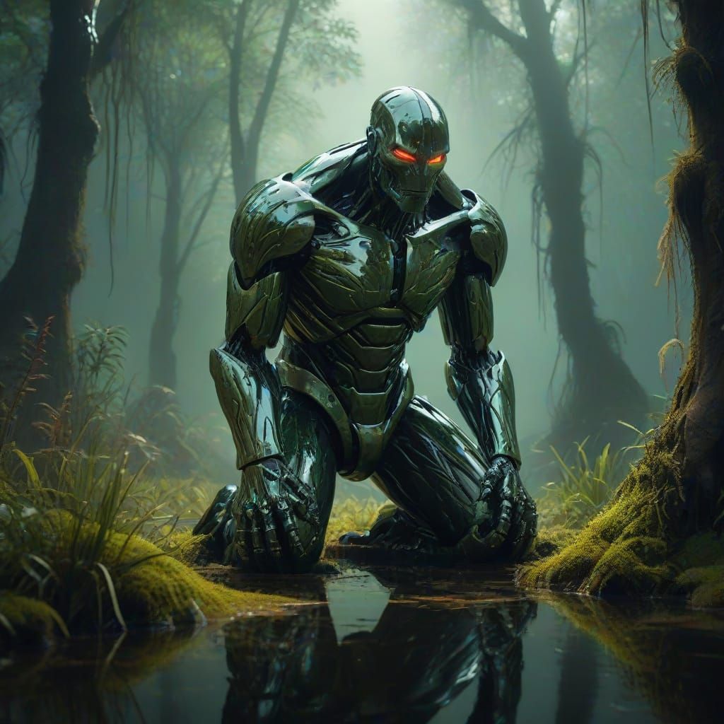 Chrome Golem Kneeling in Misty Swamp: Hyperrealistic Art