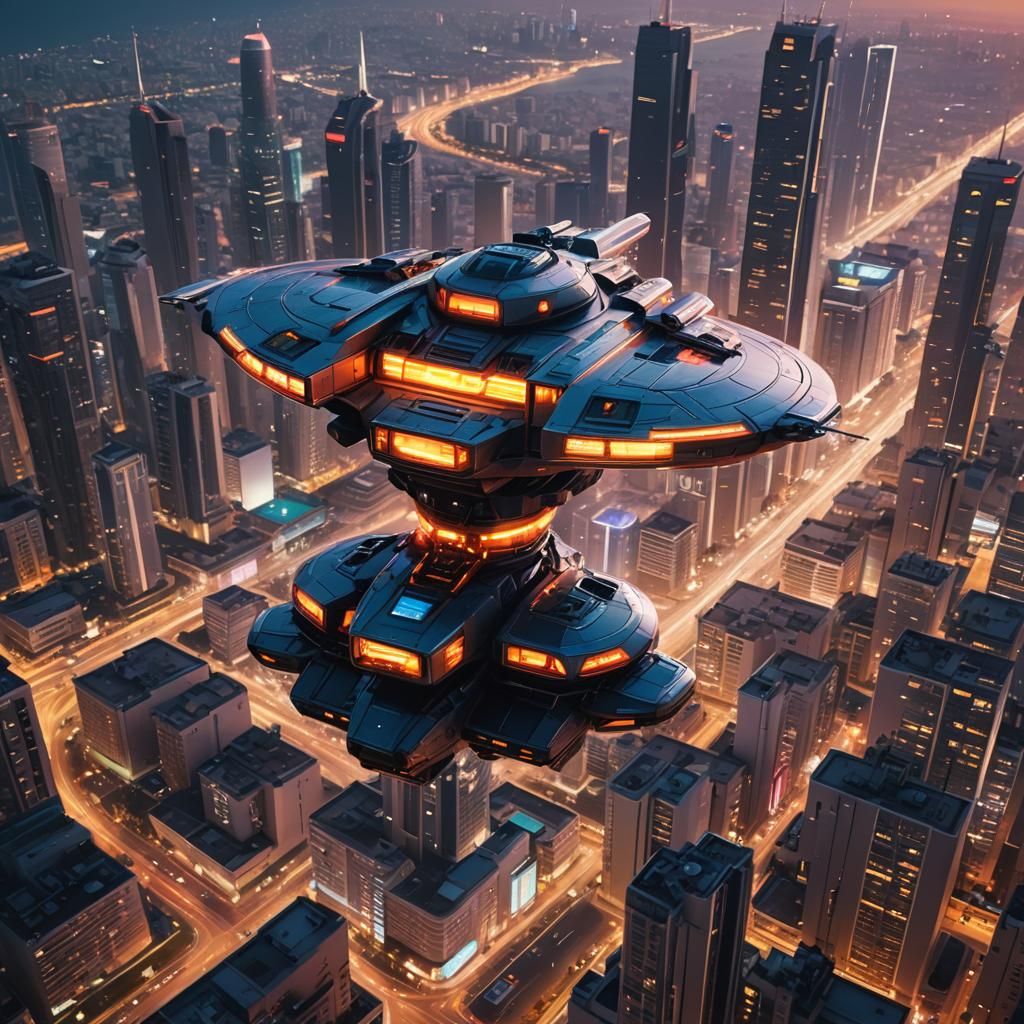Neon Spaceship Over Tel Aviv: Sci-Fi Concept Art