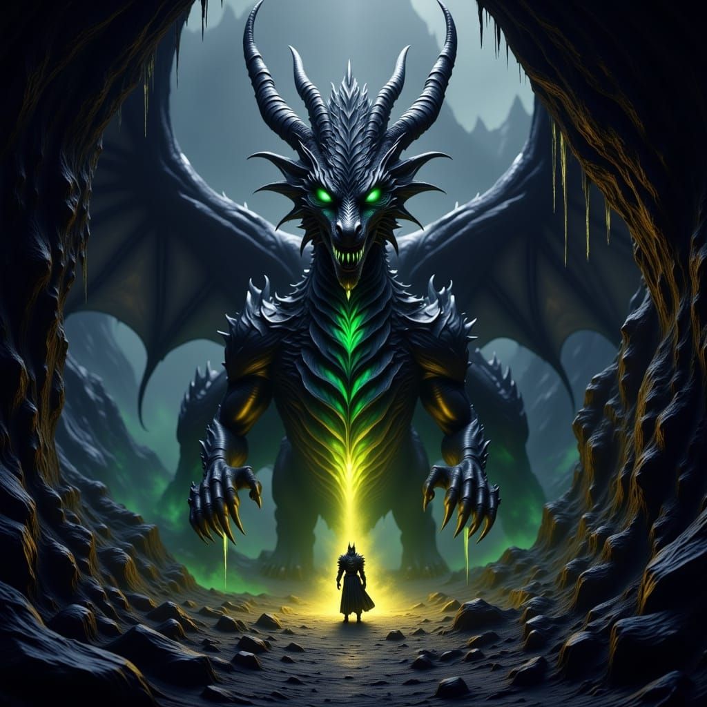 Dark Fantasy Black Dragon Meditating in a Cave