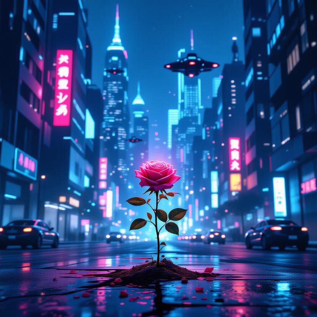 Cyberpunk Cityscape with Glowing Rose in Watercolor Style