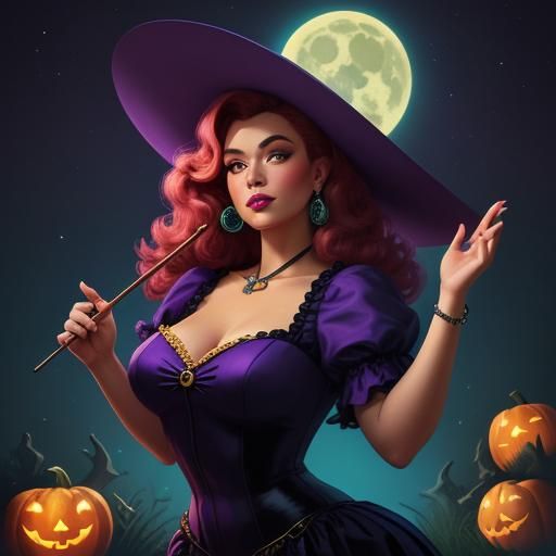 Retro Witch Casting Spells in Pin-Up Illustration