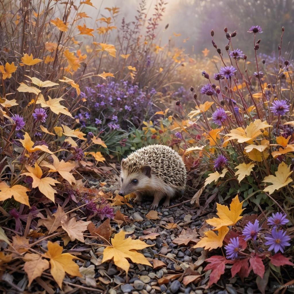 Hedgehog Among Autumn Flowers as Impressionist Painting