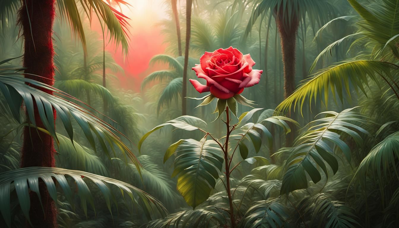 Fantasy Rose in Palm Forest, Impressionistic Style
