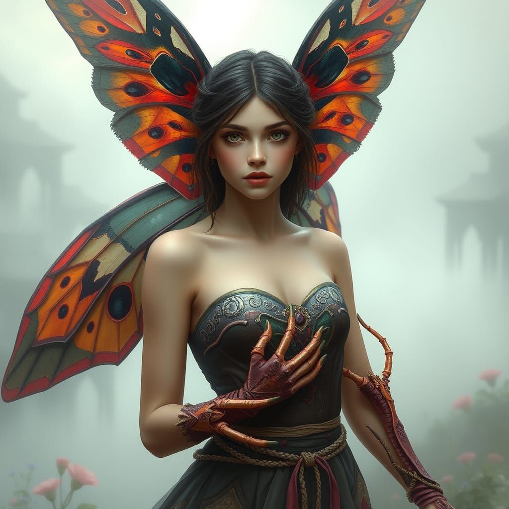 Moth Woman Hybrid in Dreamy Ethereal Landscape