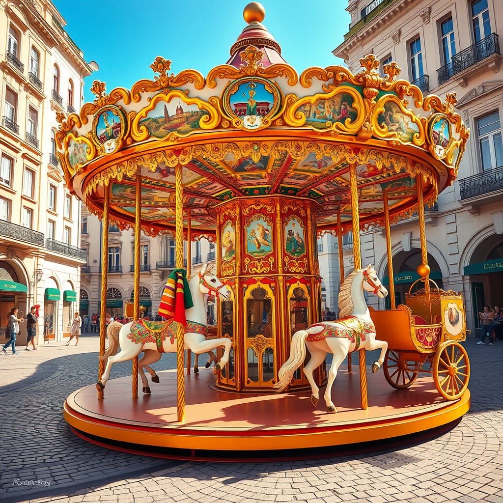 Ornate Vintage Carousel in Historic European Plaza