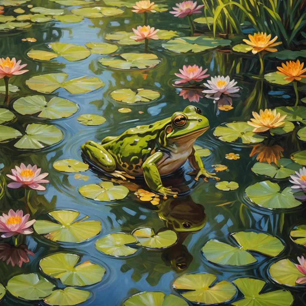Impressionistic Oil Painting of Frog Leaping