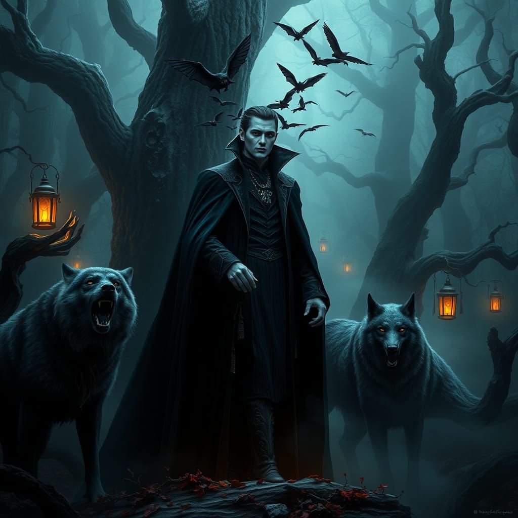 Vampire in Foggy Forest with Wolves, Dark Fantasy Art