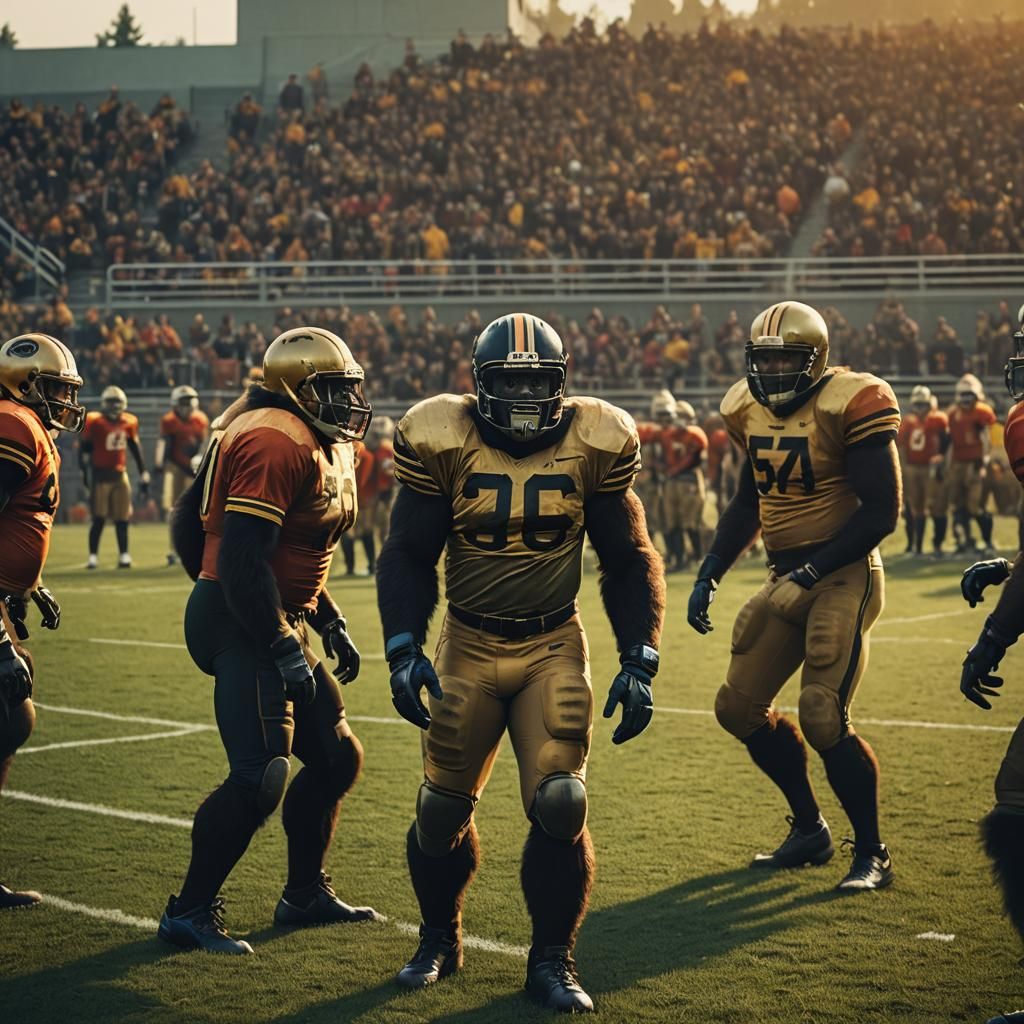 Gorilla Football Coach: Cinematic Golden Hour Scene