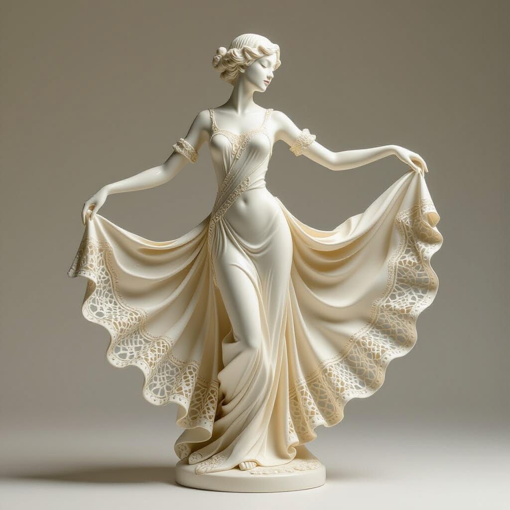 Art Nouveau Ceramic Sculpture With Lace Cape