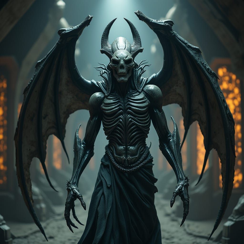 Nightmarish Alien Figure in Biomechanical Lair