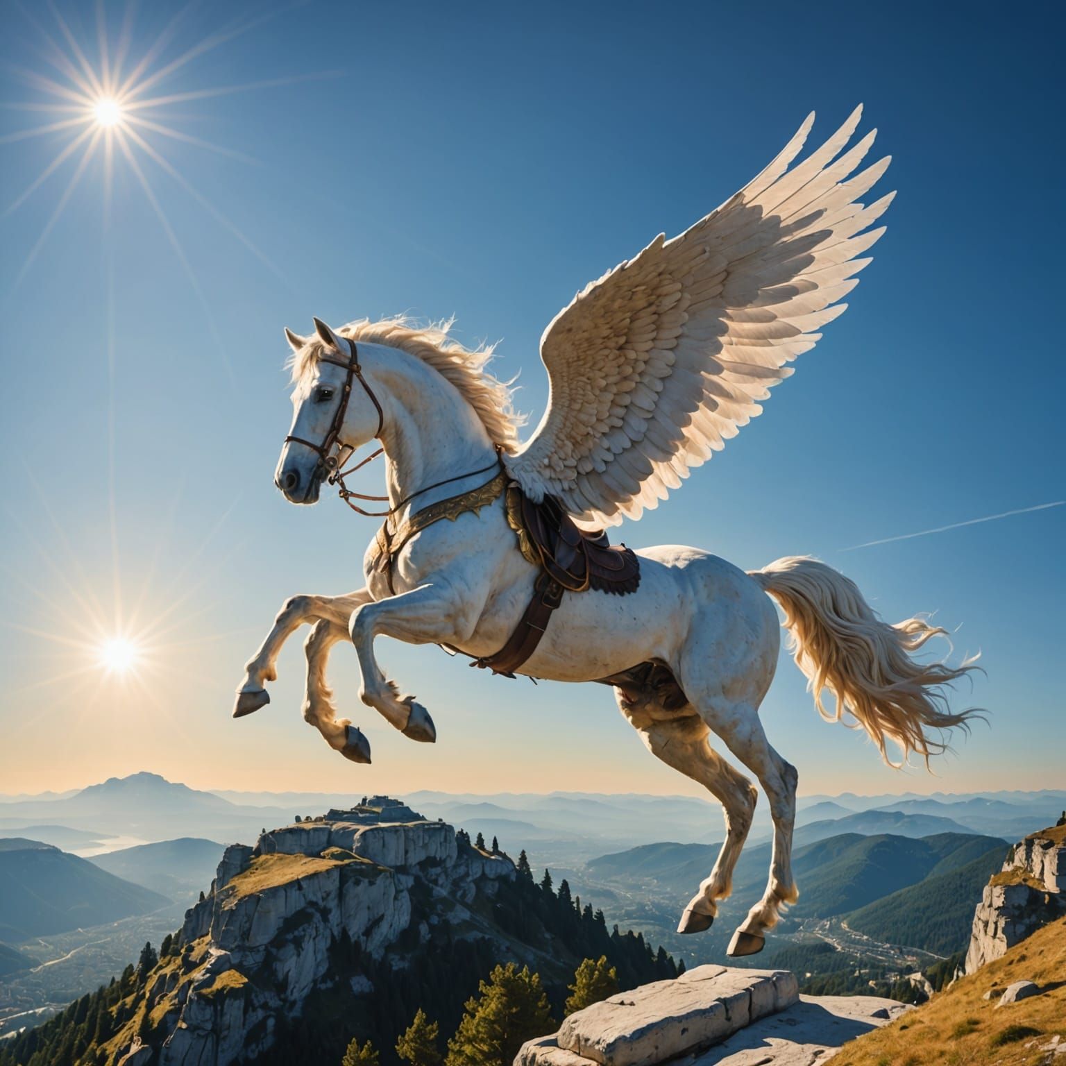 Pegasus Flies Over Mount Olympus in Sunlight