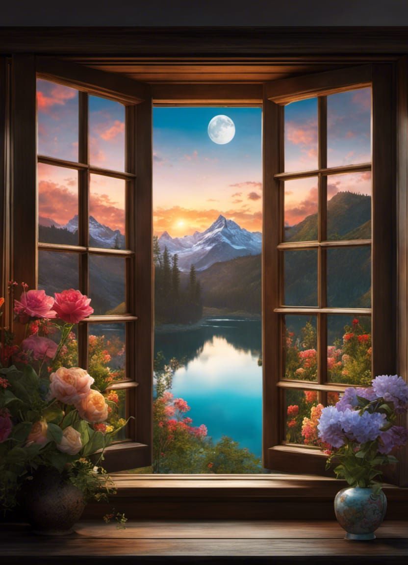 Fantasy Mountain View Through Window