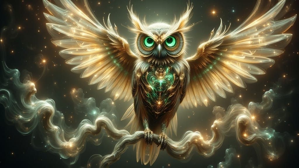 Surreal Clockwork Owl in Cosmic Nebula