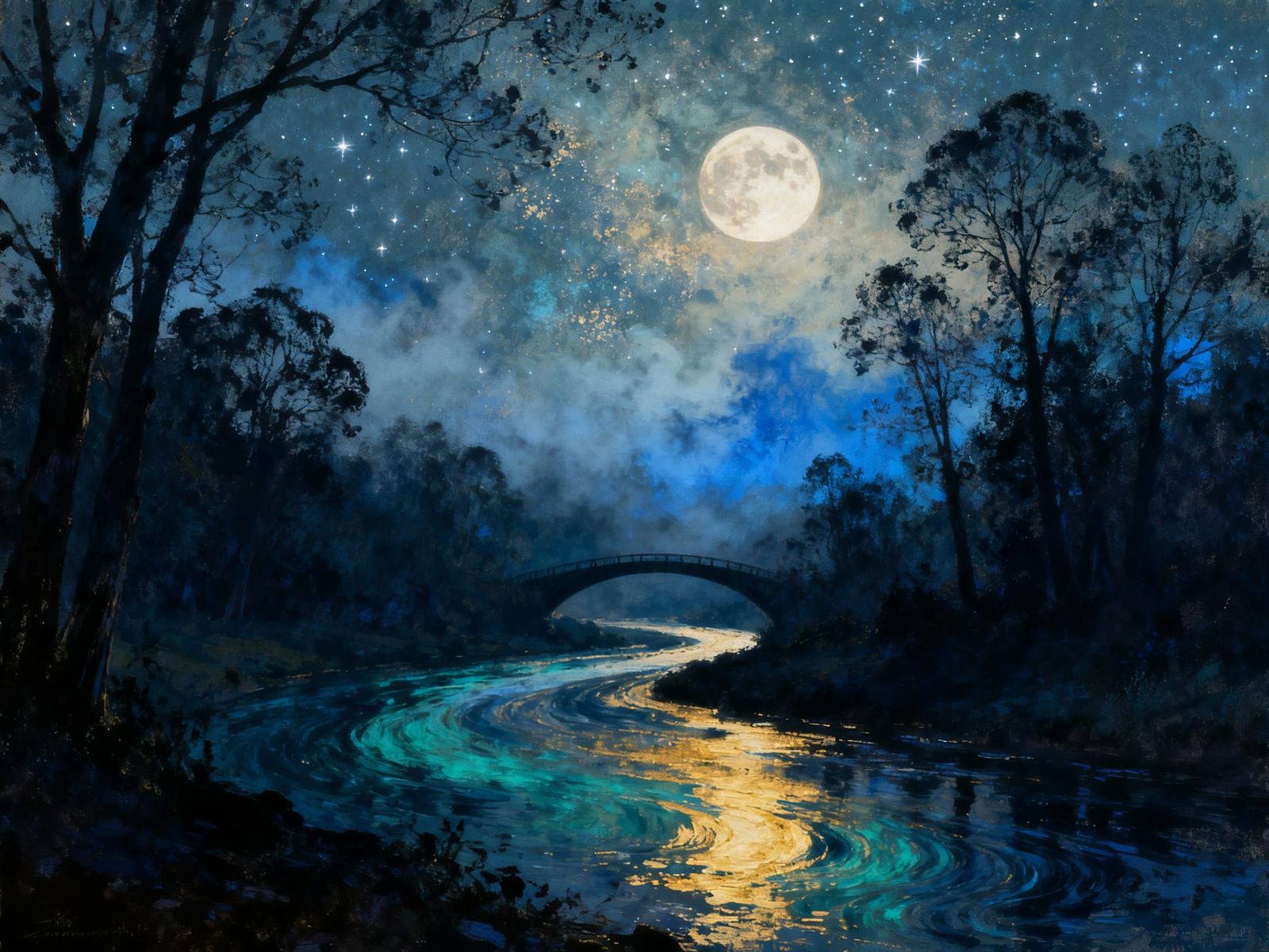 Ethereal Nightscape: Moonlit River and Starry Sky