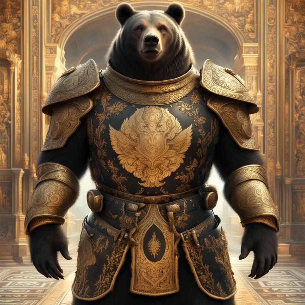 Happy Russian Bear in Gold and Black Armor
