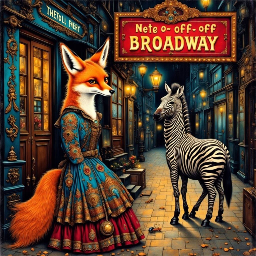 Red Fox in Bohemian Dress Beside Zebra at Vintage Theatre