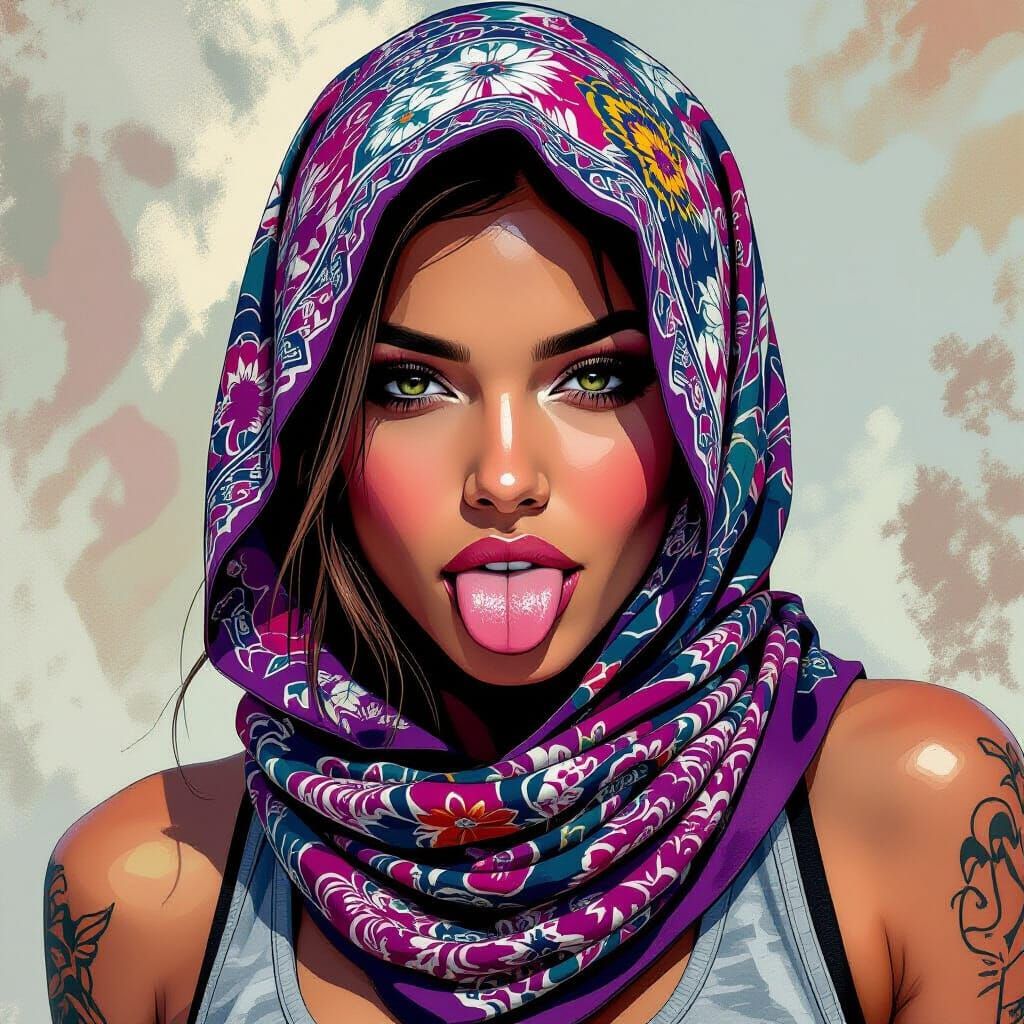 Breakdancer with Hip Hop Paisley Headscarf, Tongue Out
