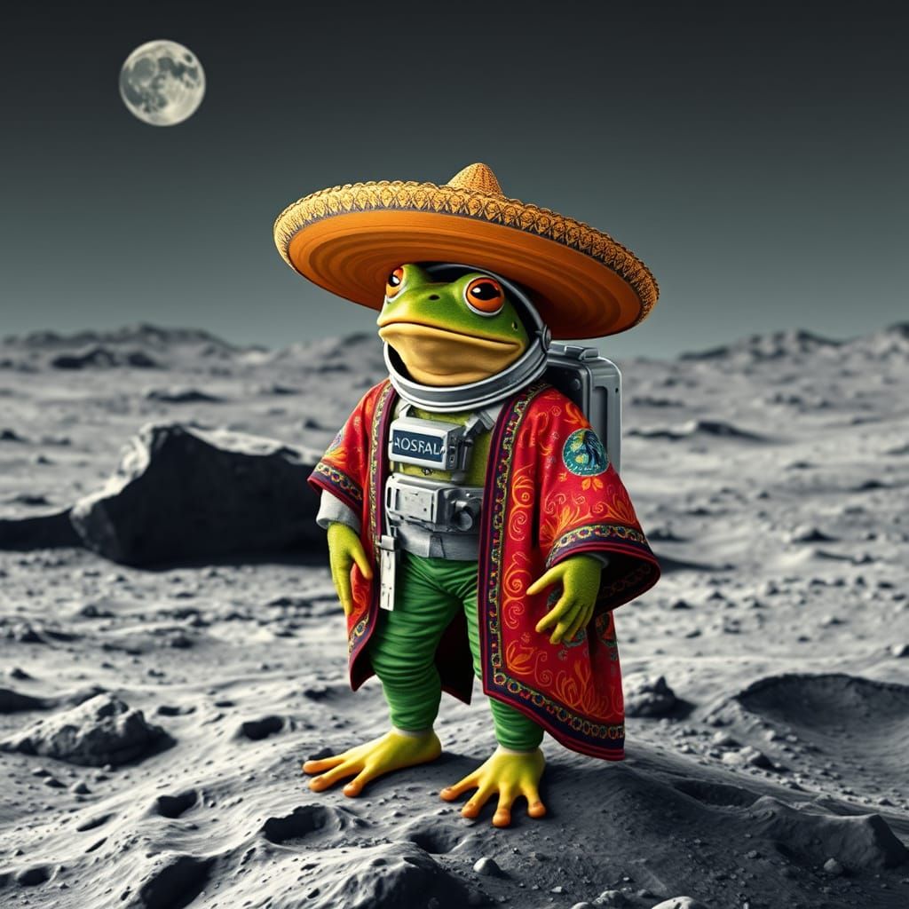 Frog in Spacesuit and Sombrero on the Moon
