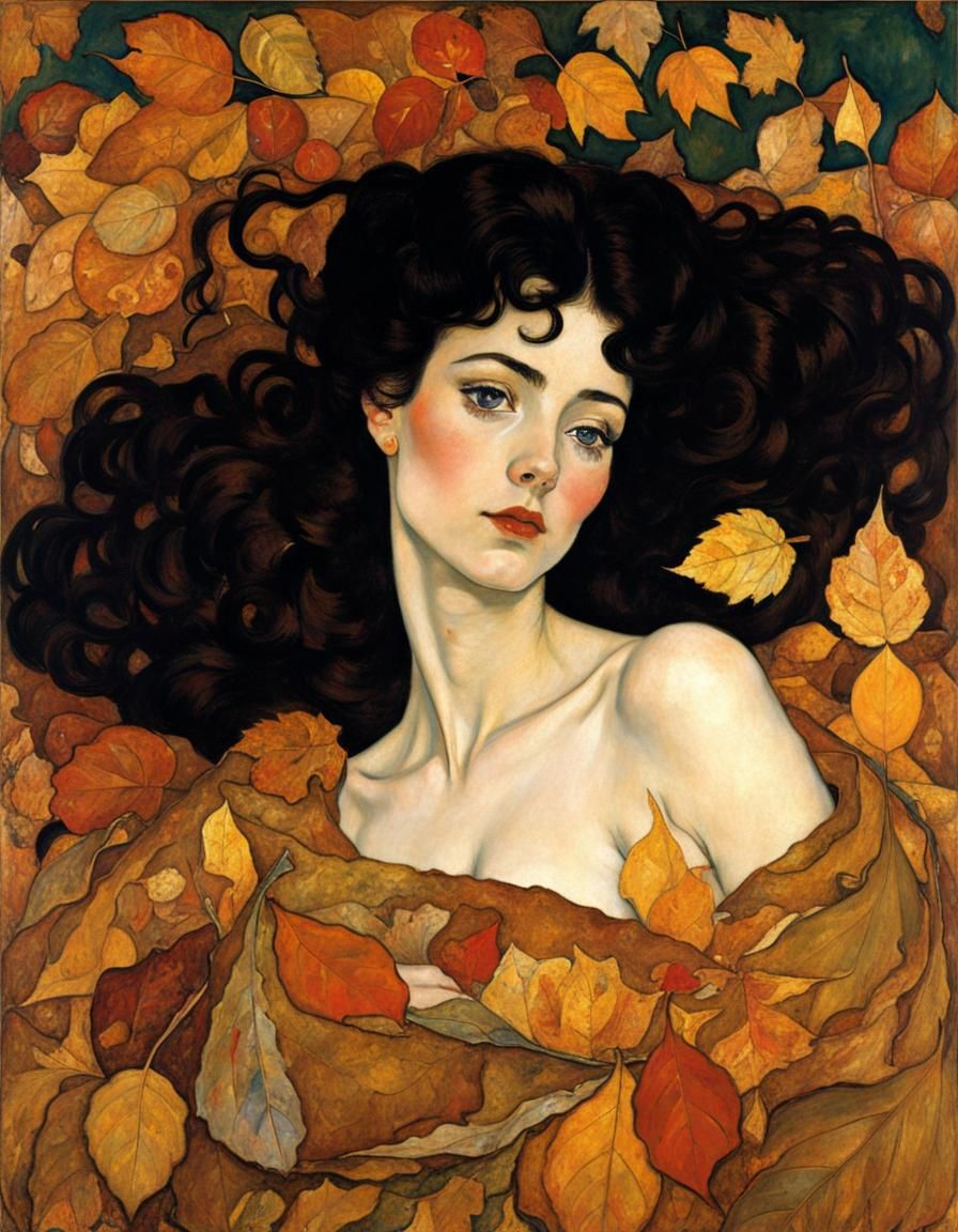 Girl in Autumn Leaves: Schiele and Klimt Style