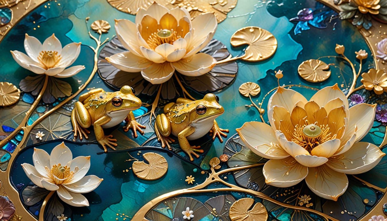 Frogs and Duckling in Dreamlike Surrealist Painting