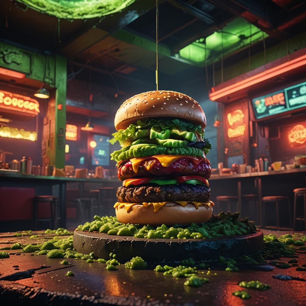 Radioactive Burger in Abandoned Restaurant: Matte Painting