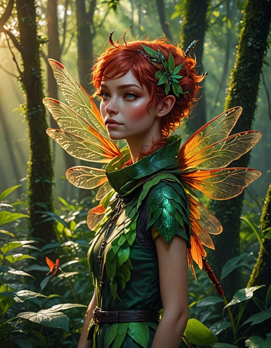 Red-Haired Pixie in Forest Sunrise