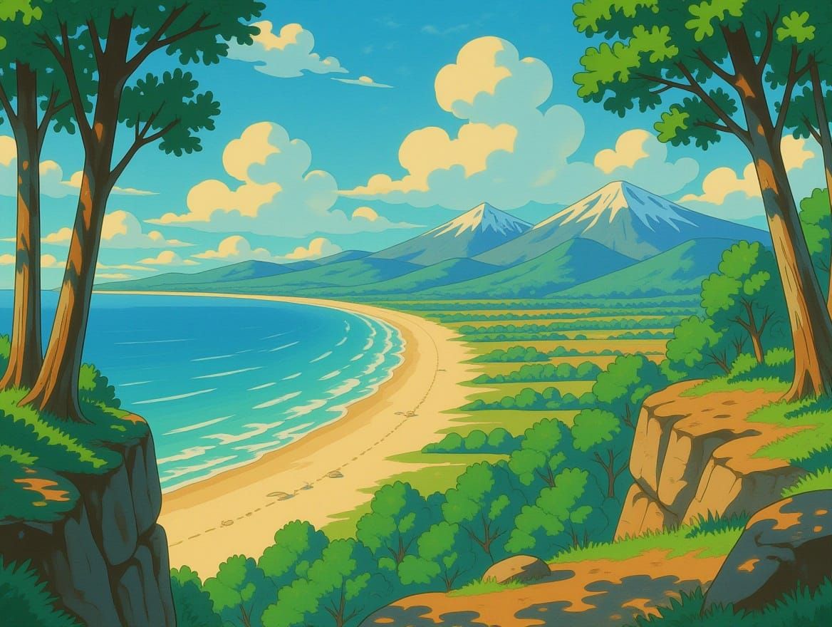 Surreal Landscape of Diverse Biomes in Studio Ghibli Style