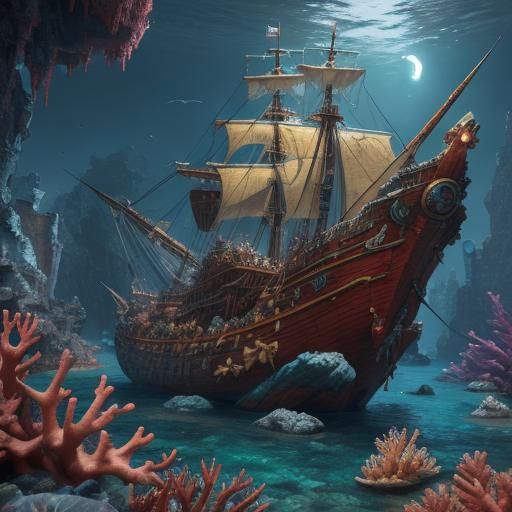 Crawfish Ship and Pirate Crab in Underwater Scene