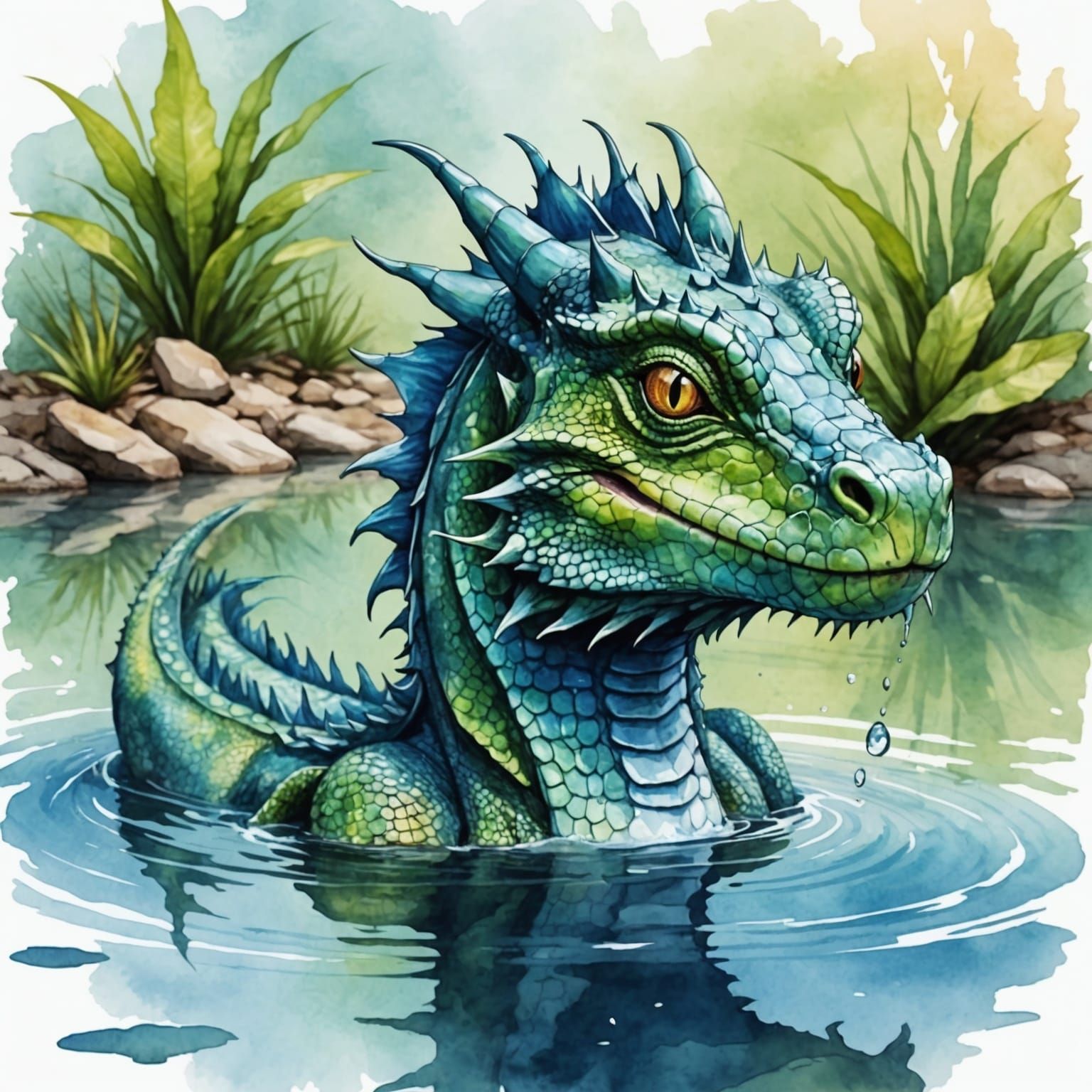 Water Dragon in Watercolor Style