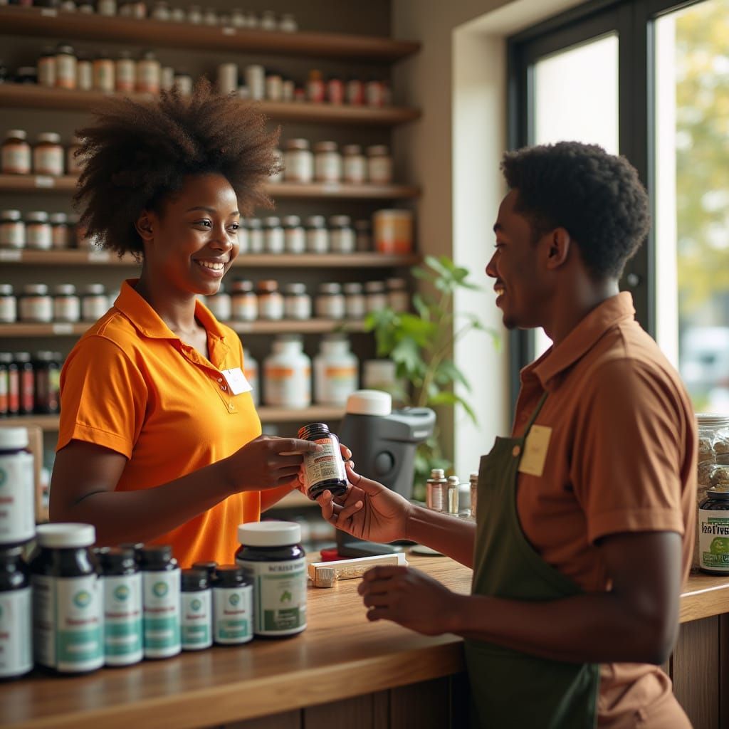 Man Buys Supplements from Cashier in Sunny Store