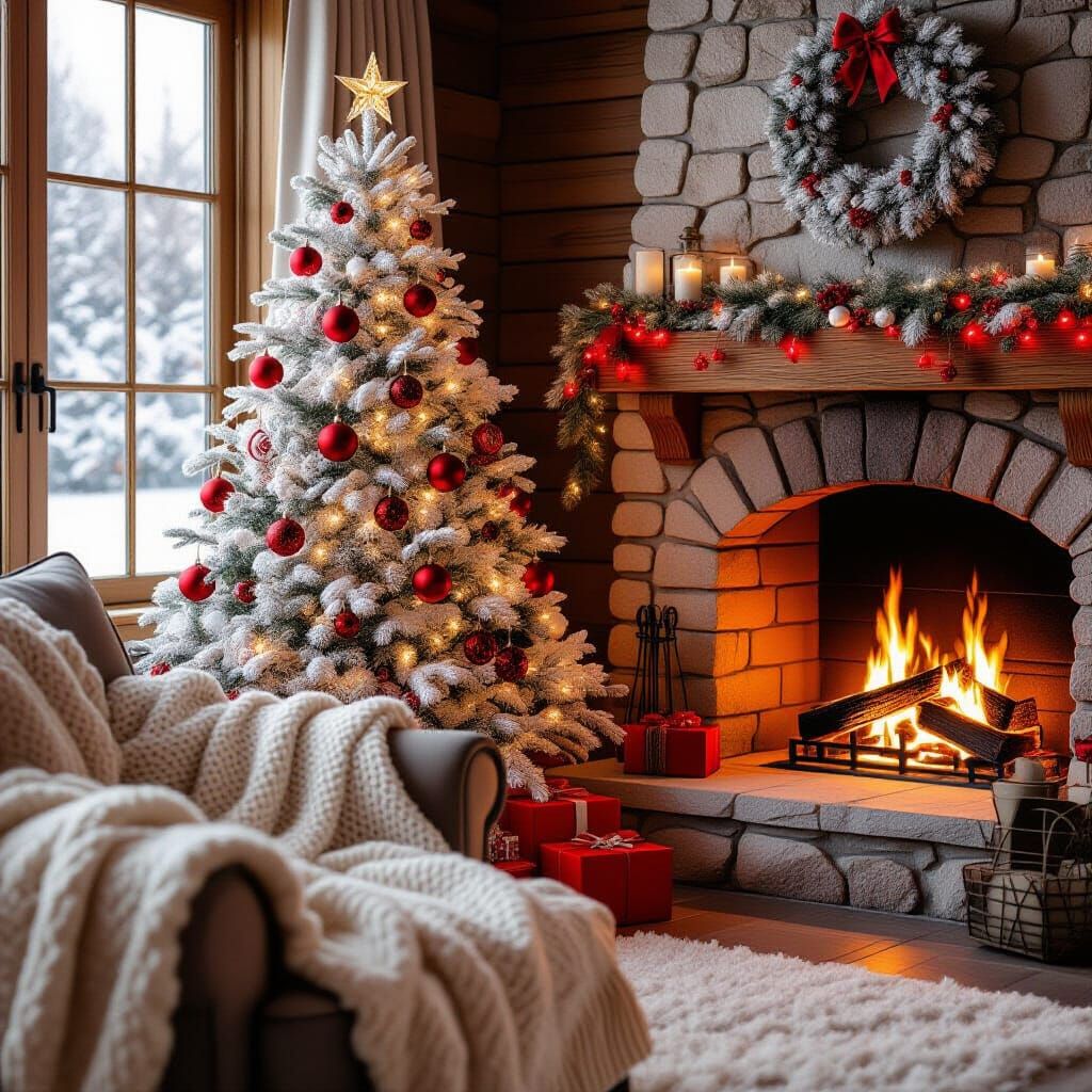 Festive Flocked Christmas Tree With Red Ornaments and Firepl...