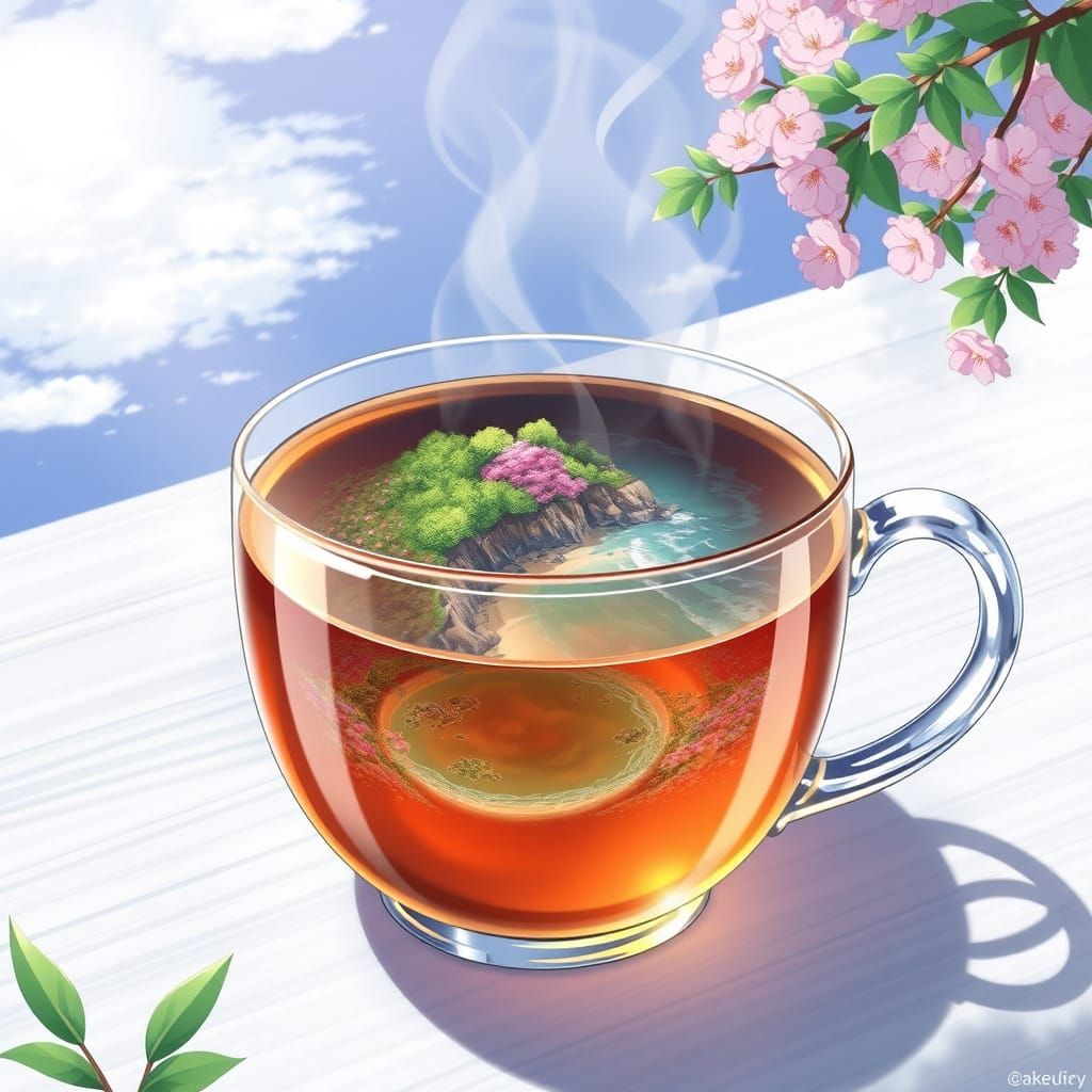 Beach Inside Tea Cup: Anime Style Illustration