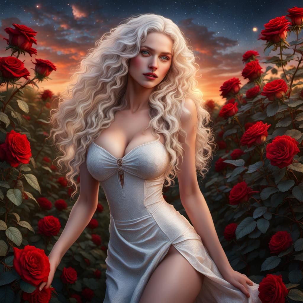 Blonde Woman in Rose Garden at Sunset