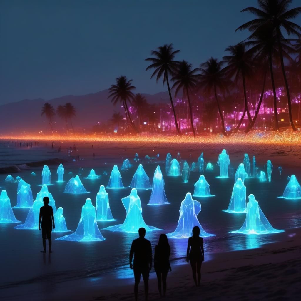 Enchanted Holographic Beach with Bioluminescent Spectres