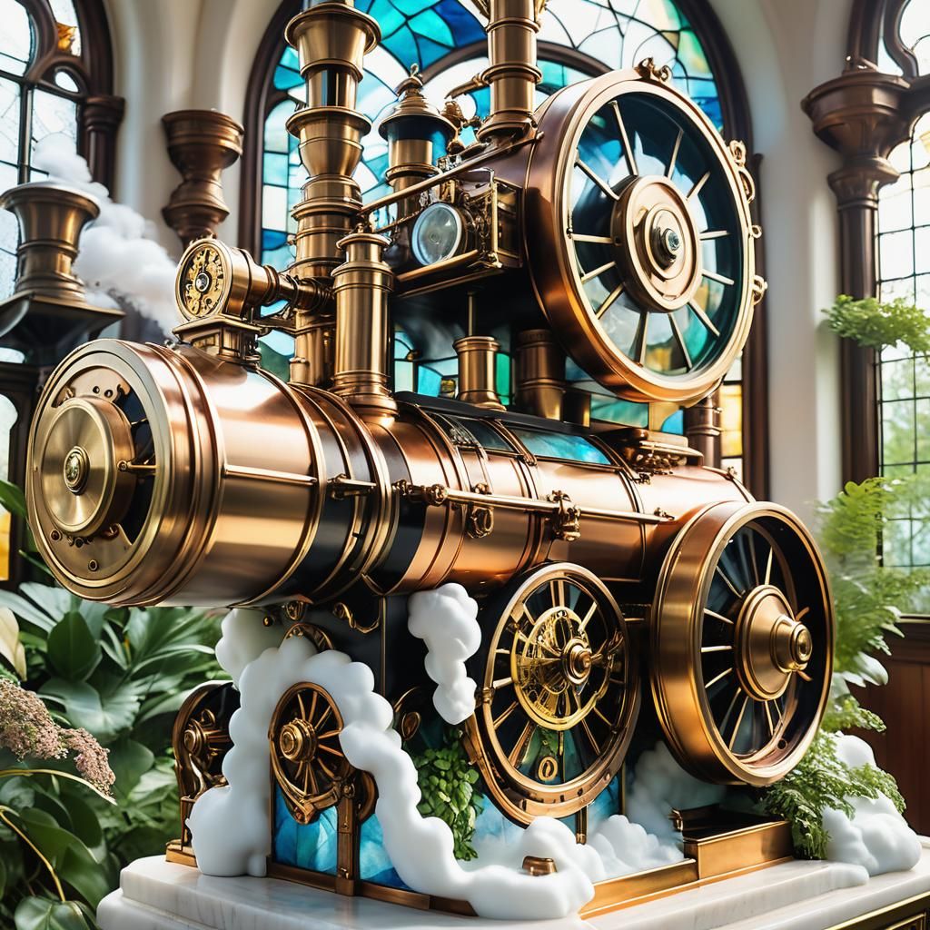 Steampunk Brass Engine in Whimsical Fantasy Setting