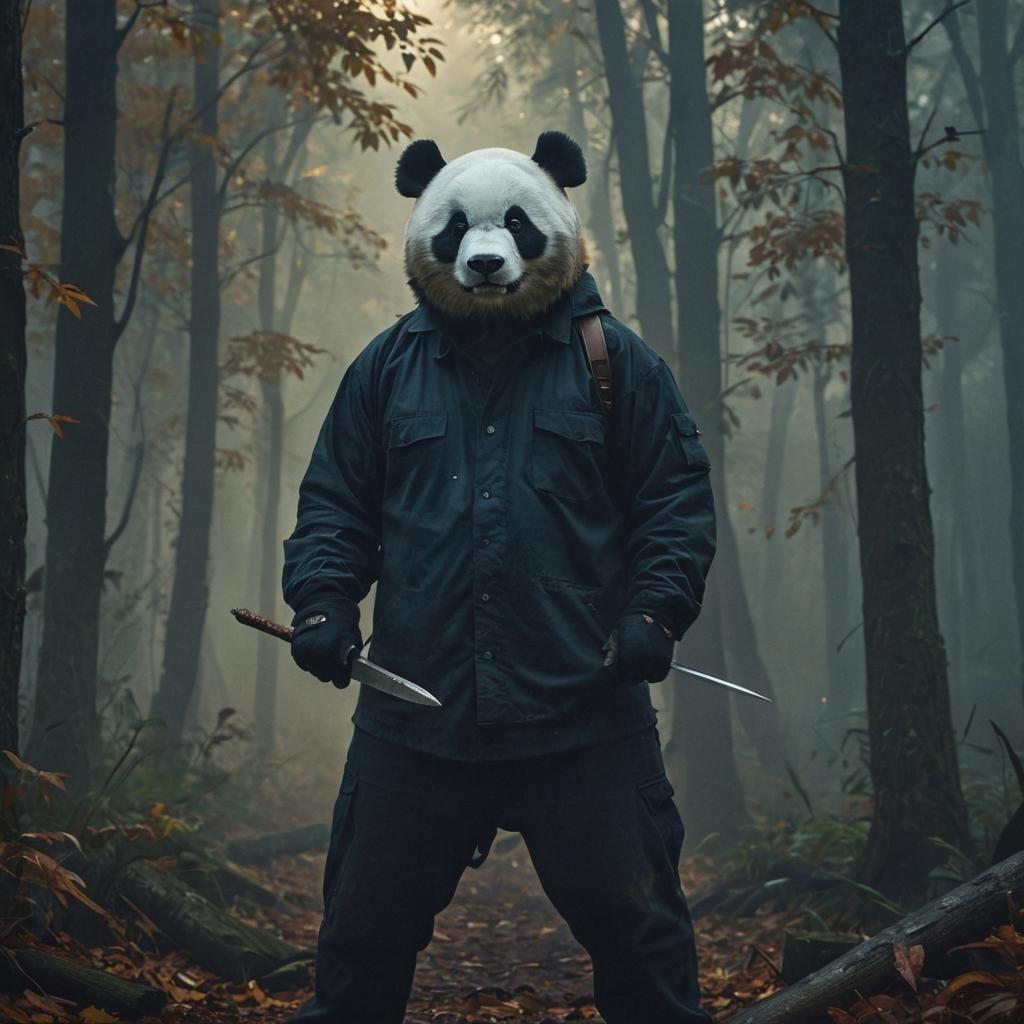 Panda in Michael Myers Mask in Misty Forest