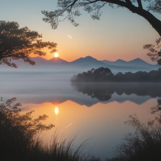 Golden Sunrise Over Misty Lake at Golden Hour