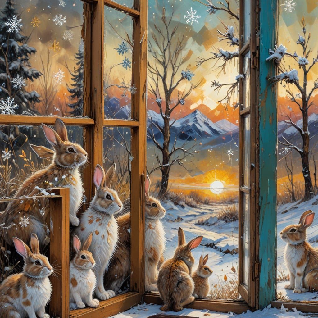 Rabbits in a Snowy Scene, Inspired by Impressionist Techniqu...
