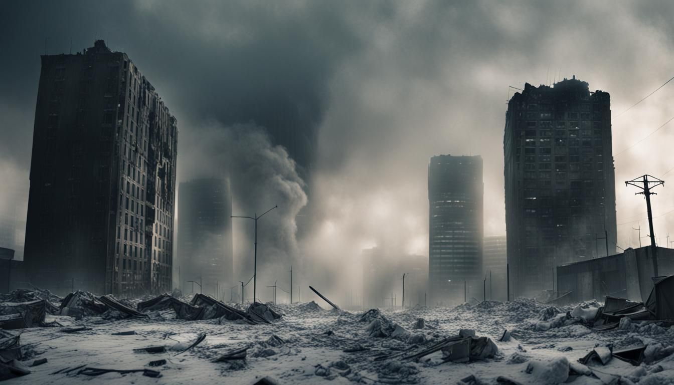 Post-Apocalyptic Cityscape in Cinematic Film Still