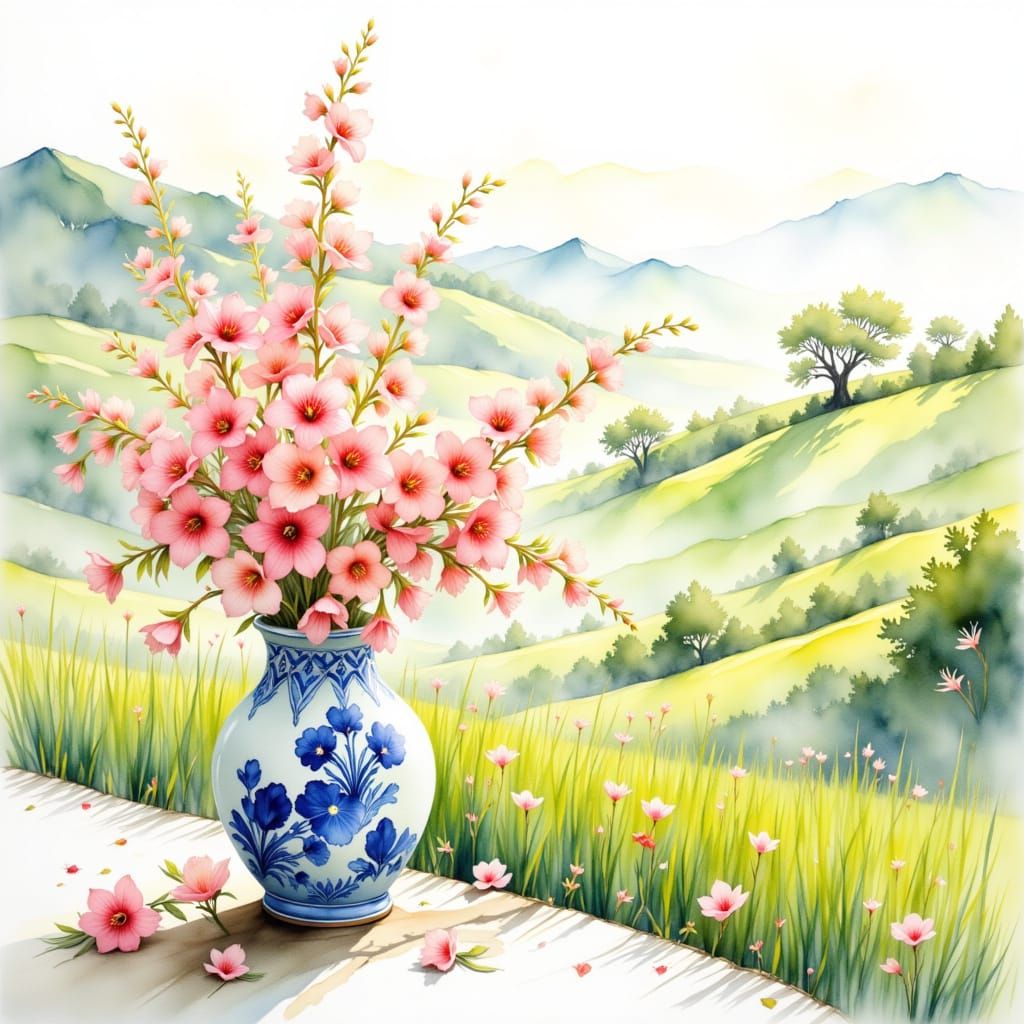 Delicate Blossoms in Delft Vase, Watercolour Art