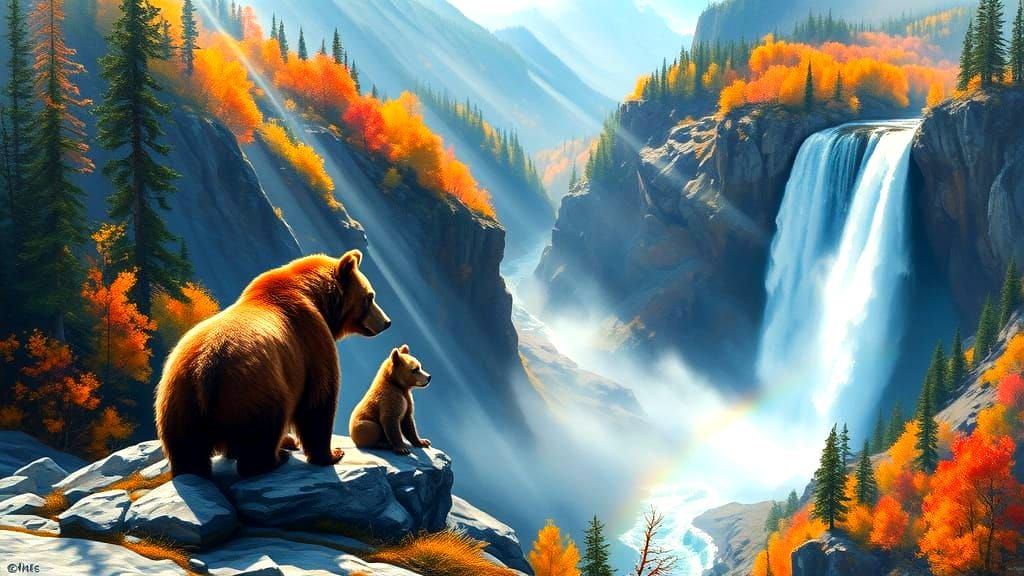 Brown Bears Observe Autumn Valley Waterfall in Oil Painting ...