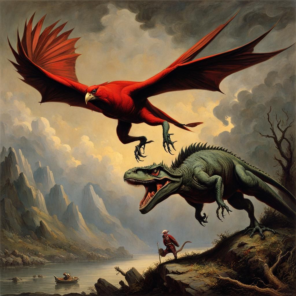 Cardinal's Dinosaur Prey: A Dark Fantasy Scene