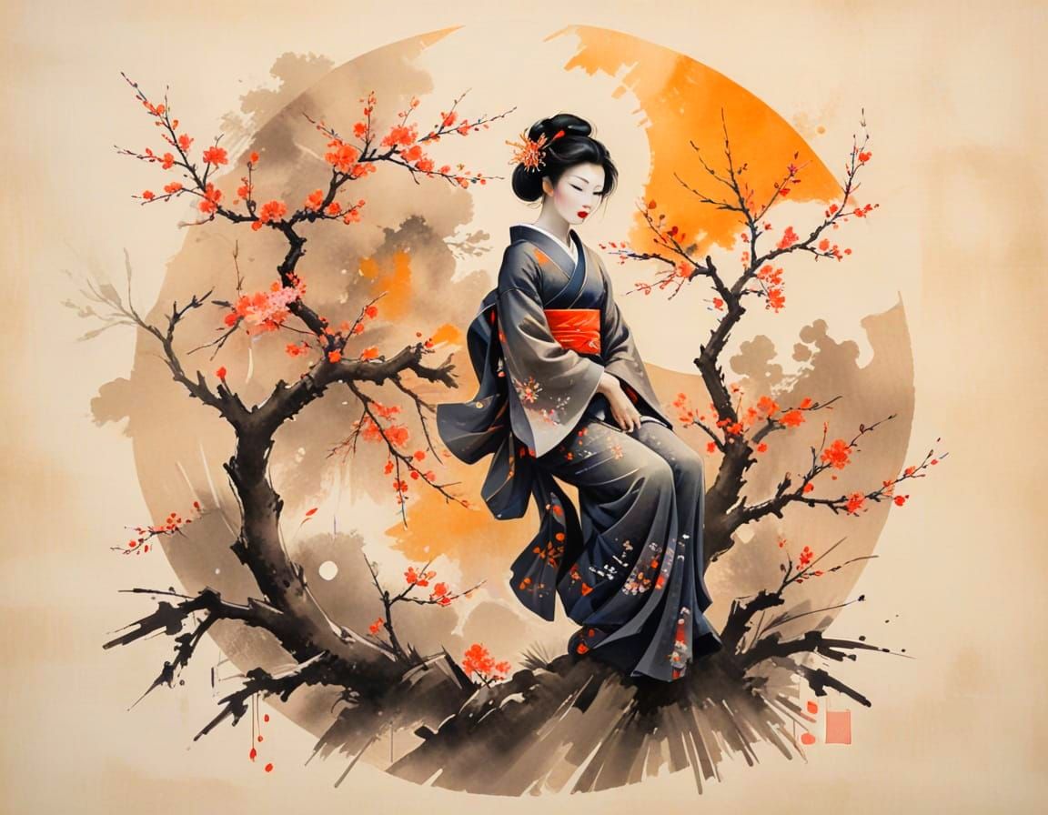 Geisha Under Blossom Tree at Sunset